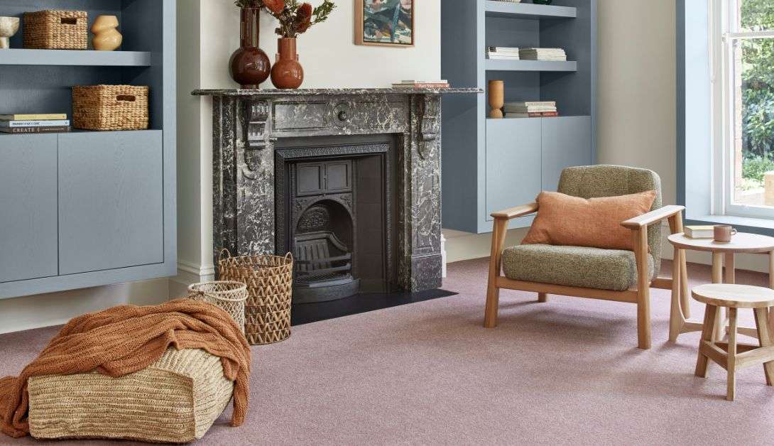 Carpet in Living room with fireplace