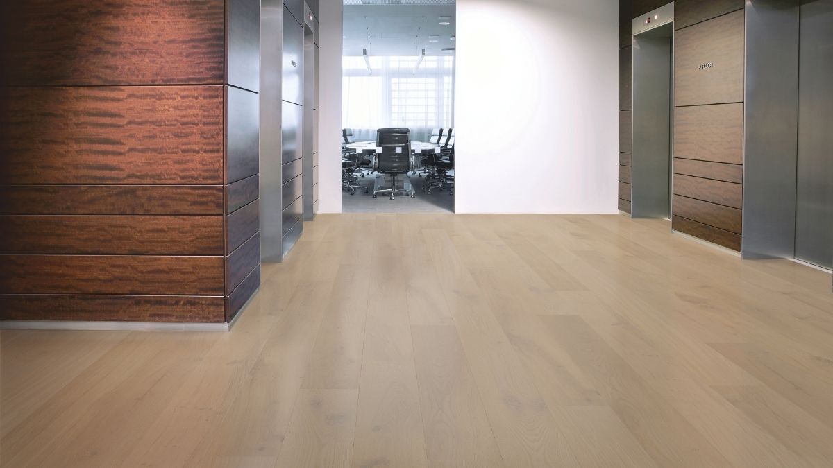 Matte Timber Floor in office building with elevators
